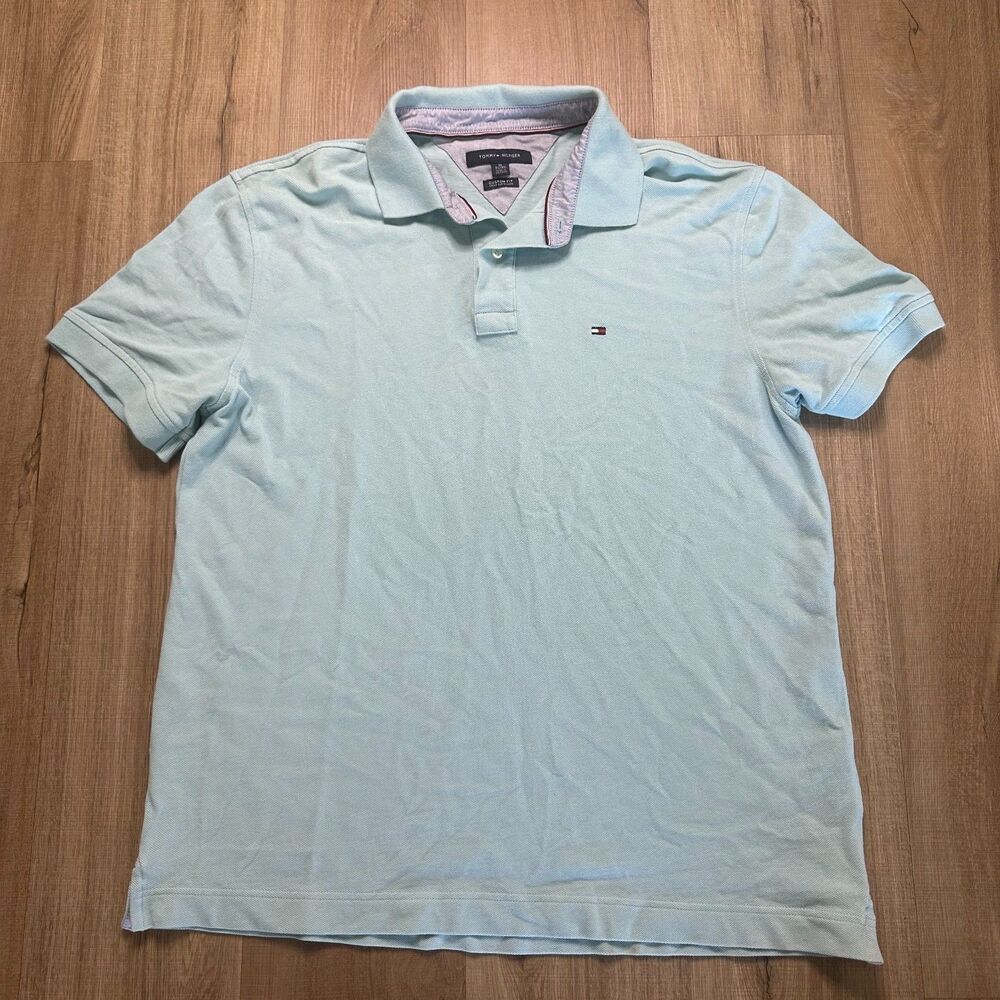 Tommy Hilfiger Mens Shirt XL Light Blue Polo Short Sleeve Custom Fit